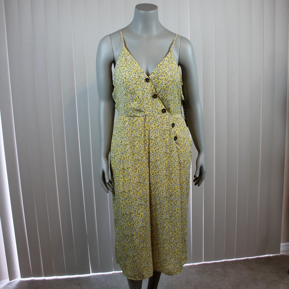Yellow Floral Jumpsuit XL Button Front Cami Wide Leg Cropped Summer Romper NWT